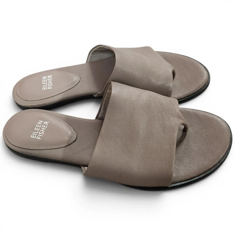 Eileen Fisher‎ Edge Nappa Leather Slide Sandals Women's 8 Minimalist Taupe